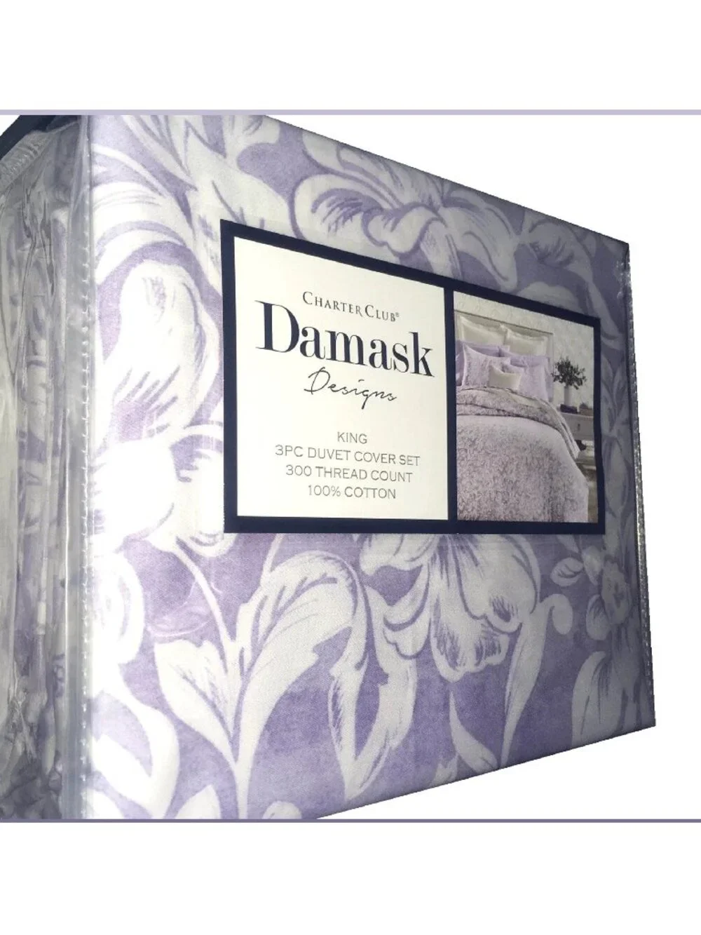 new Charter Club Damask Designs Cotton KING Comforter + 2 Shams in WHITE + LILAC